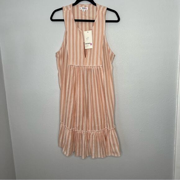 New Lemlem Peach Orange Striped Nefasi Bib Cotton Blend Sleeveless Dress Size L - Picture 1 of 5